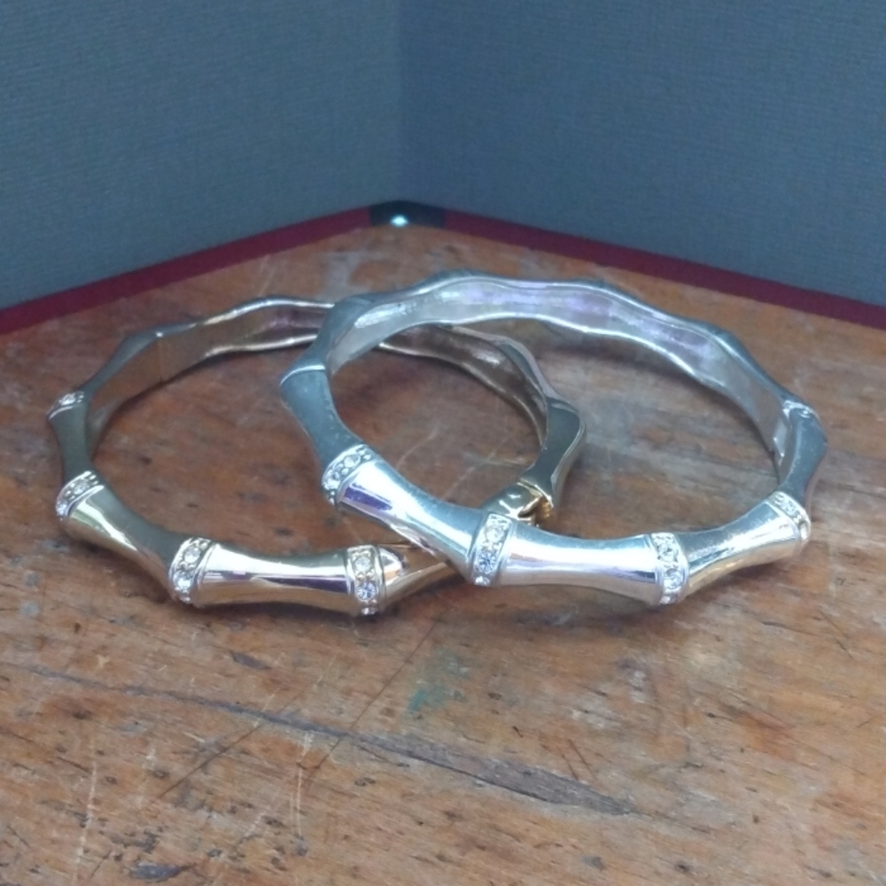 Pair of bamboo and rhinestone hinged bracelets